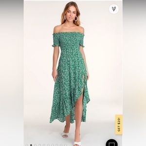 Lulus Fleur-tation Green Floral Print Off-the-Shoulder Midi Dress